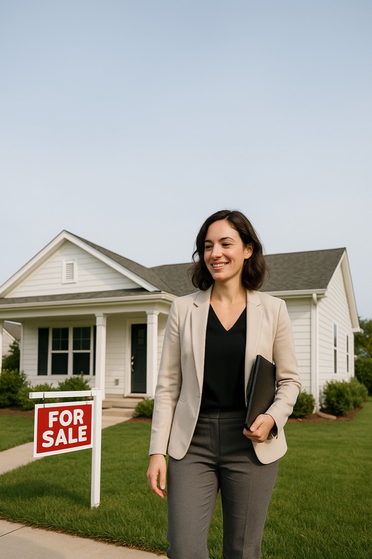 Real estate agent in front of a home for sale